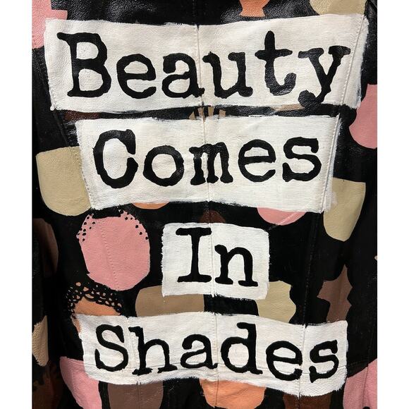 womens OOAK handpainted BEAUTY COMES IN SHADES black leather jacket sz M - Picture 1 of 5